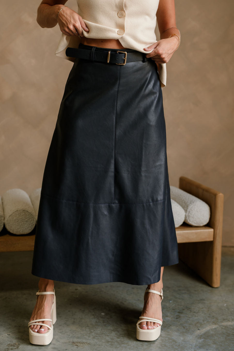 Veronica Navy Belted Faux Leather Midi Skirt - close front view