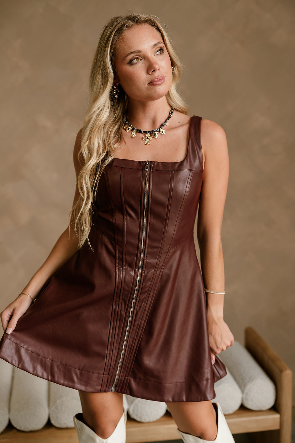 Josie Burgundy Faux Leather Zip-Up Dress - close front view
