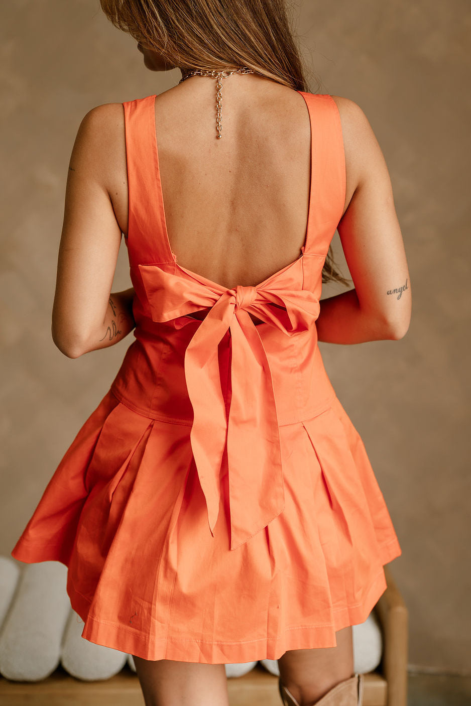 Darrah Orange Bow Back Flare Mini Dress - Lizard Thicket Darrah Orange Bow Back Flare Mini Dress - Lizard Thicket