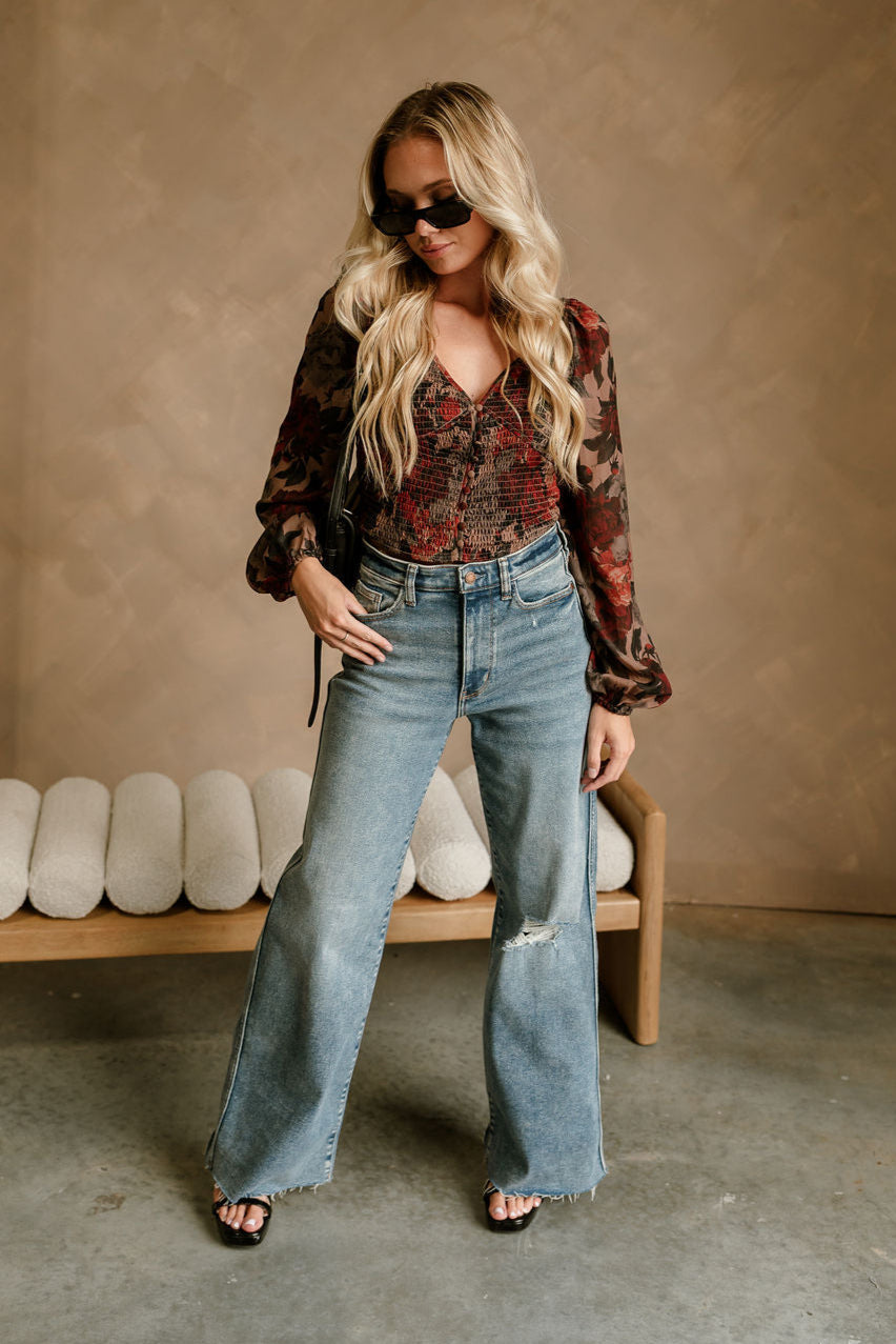 Amora Black Multi Floral Long Sleeve Top - full body front view