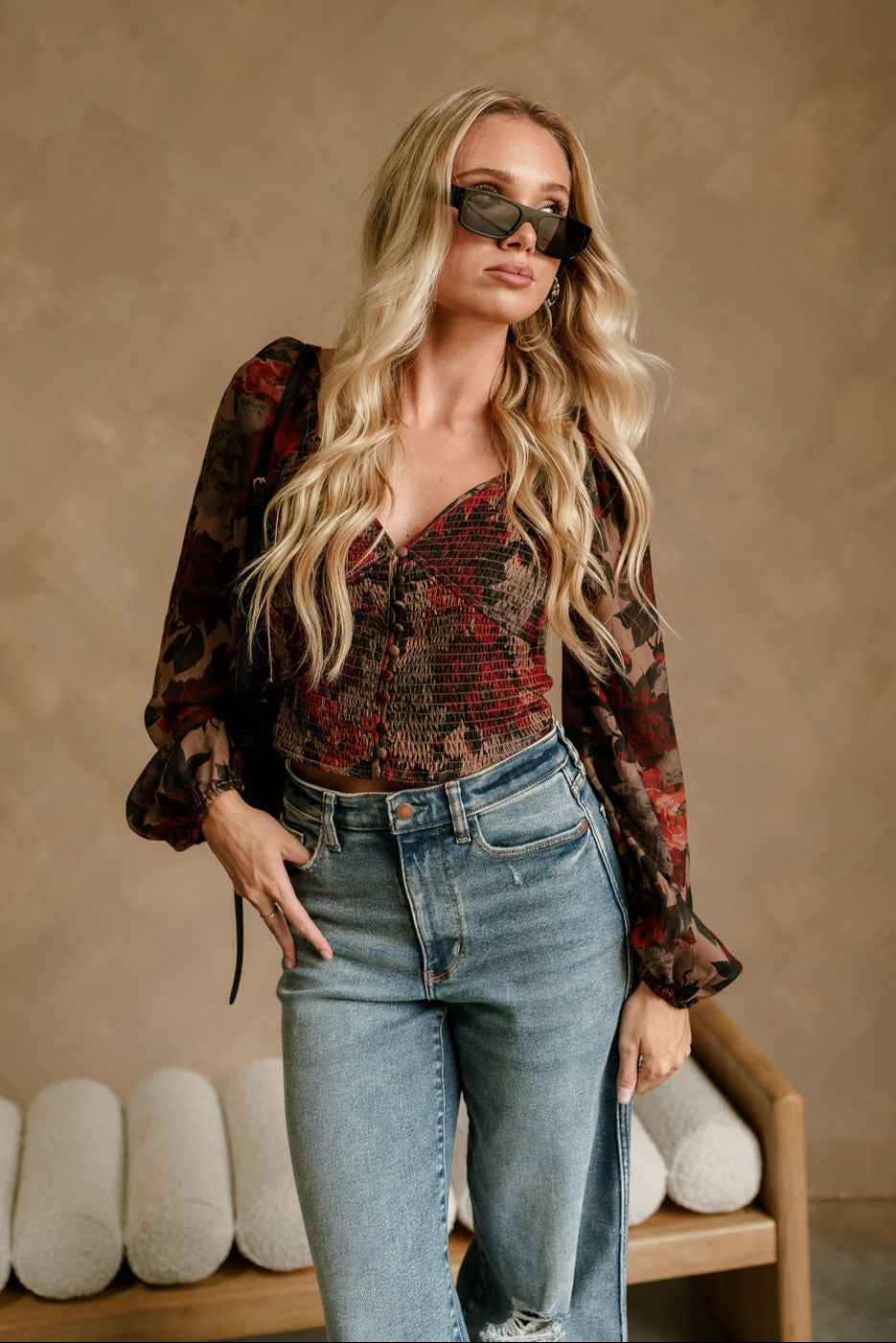 Amora Black Multi Floral Long Sleeve Top - front 