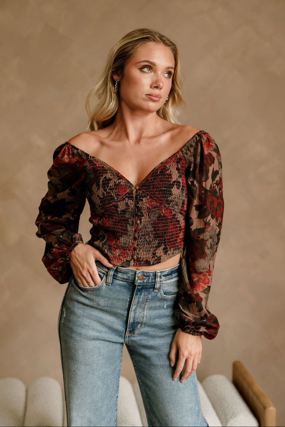 Amora Black Multi Floral Long Sleeve Top - front view