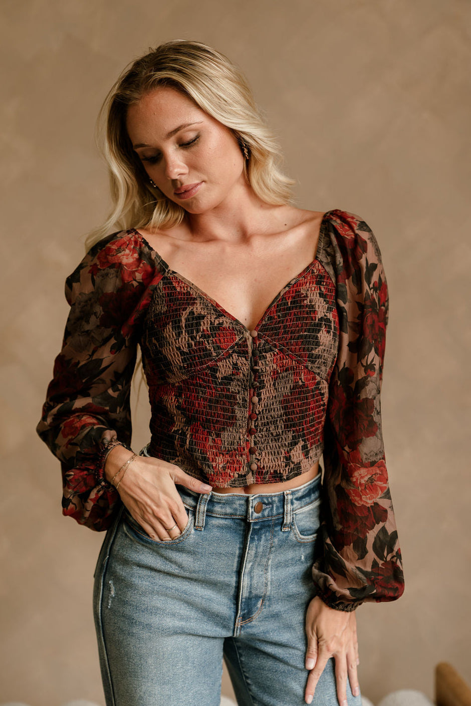 Amora Black Multi Floral Long Sleeve Top - close up front view