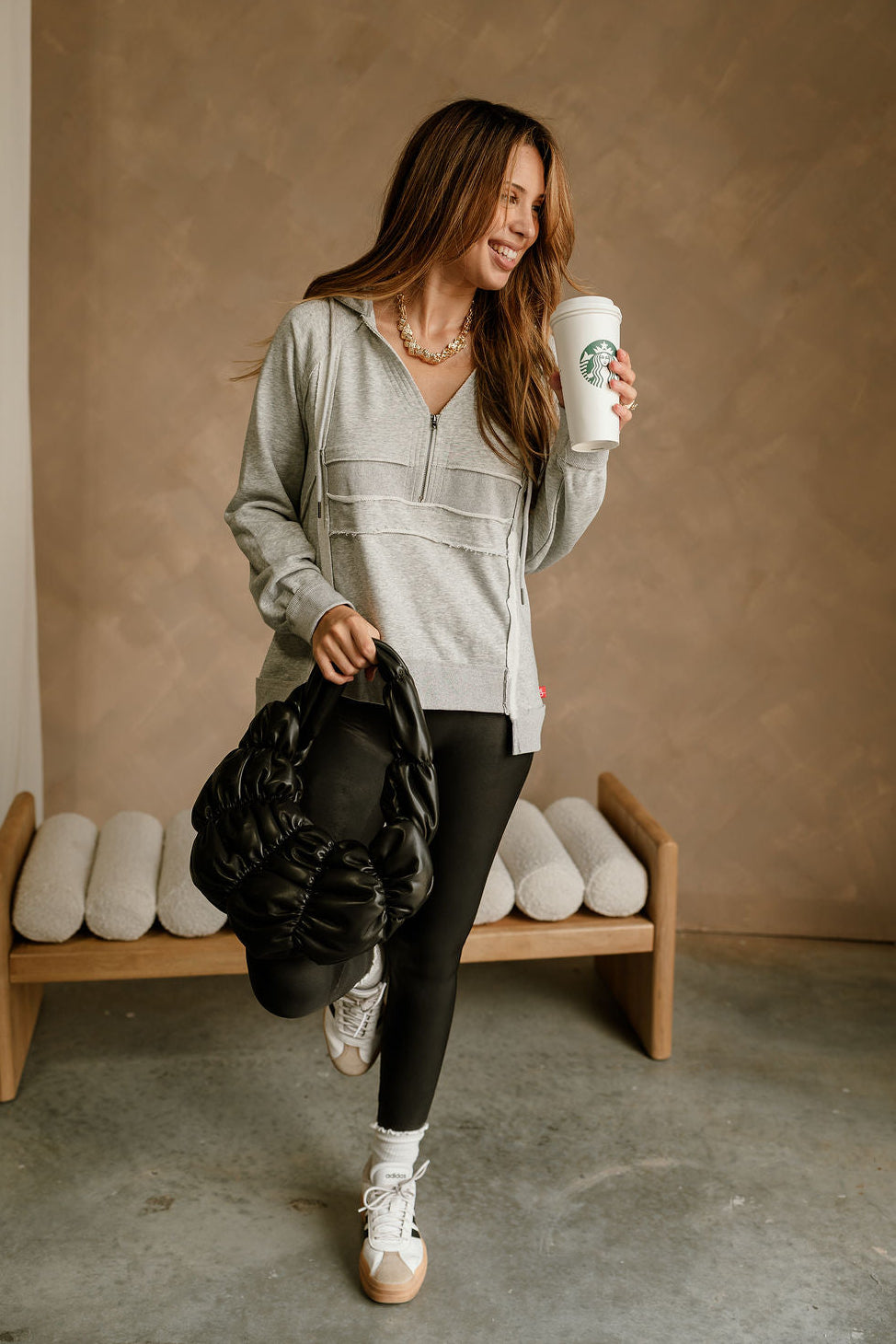 Carter Heather Grey Quarter-Zip Hoodie - full body front view
