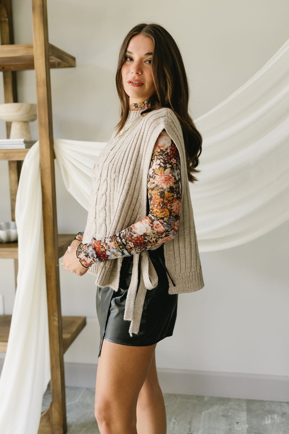 Carrie Sleeveless Sweater Poncho - Taupe - side view