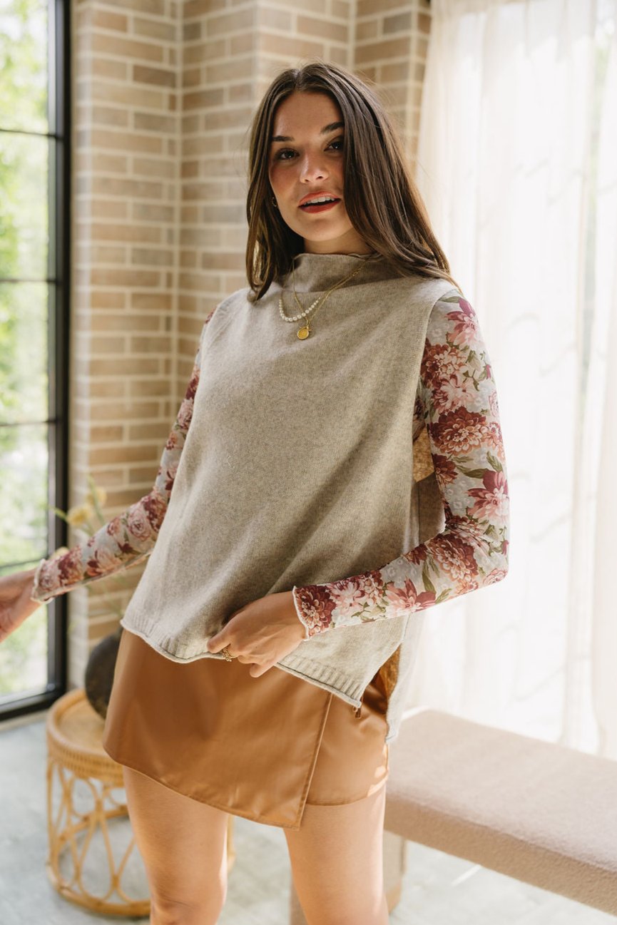 Kara Taupe Sleeveless Mock Neck Sweater - Front view