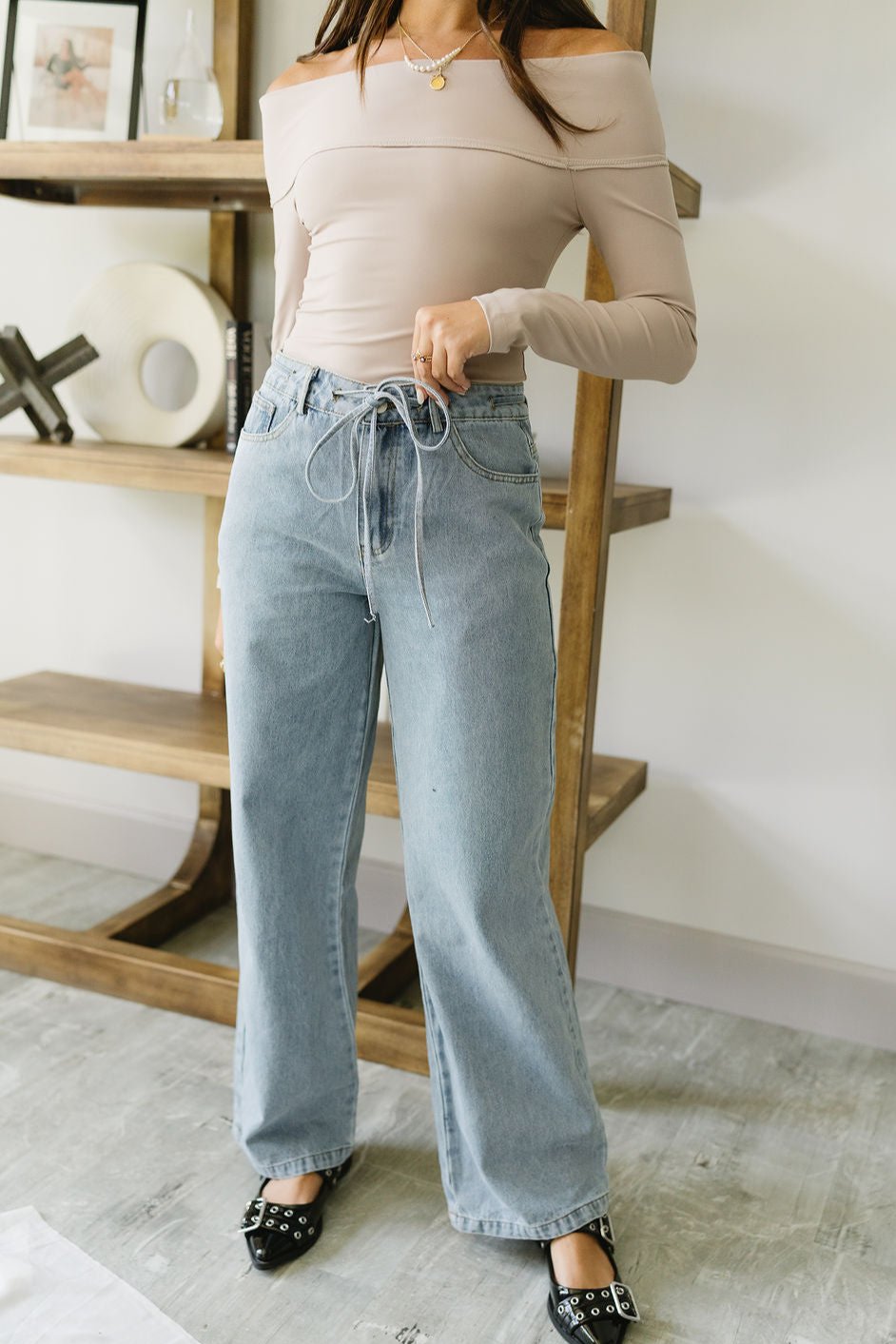 McKayla Drawstring Wide Leg Jeans - Front view