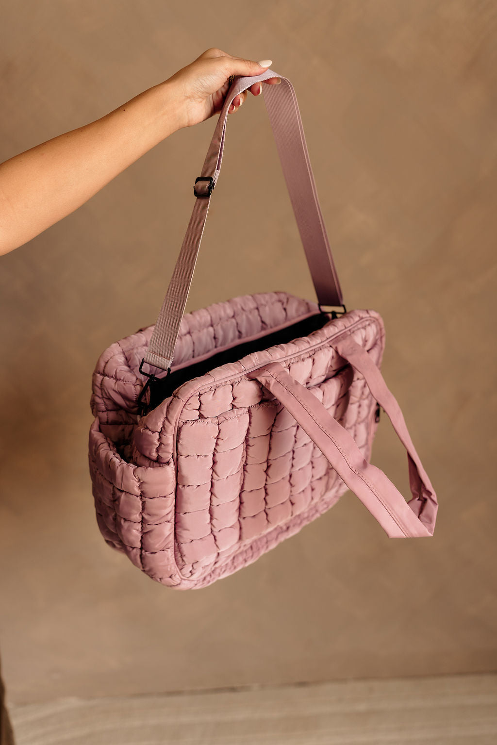 Erica Quilted Duffel Bag - Mauve - Open Front View