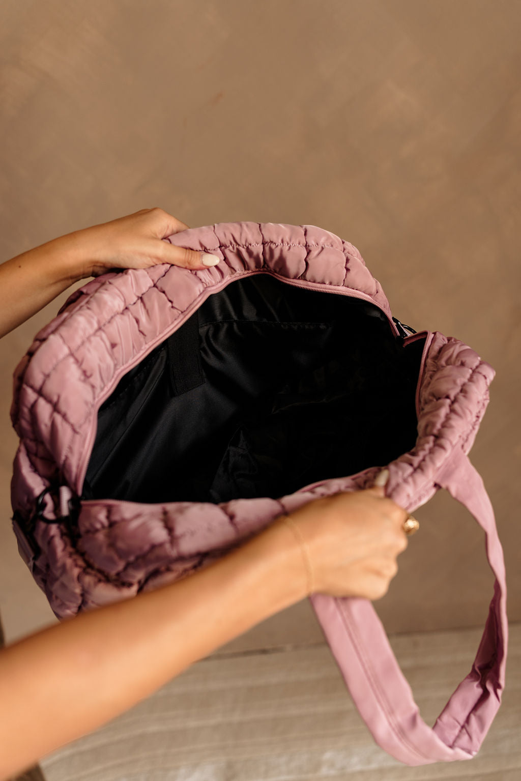 Erica Quilted Duffel Bag - Mauve - Open Top View