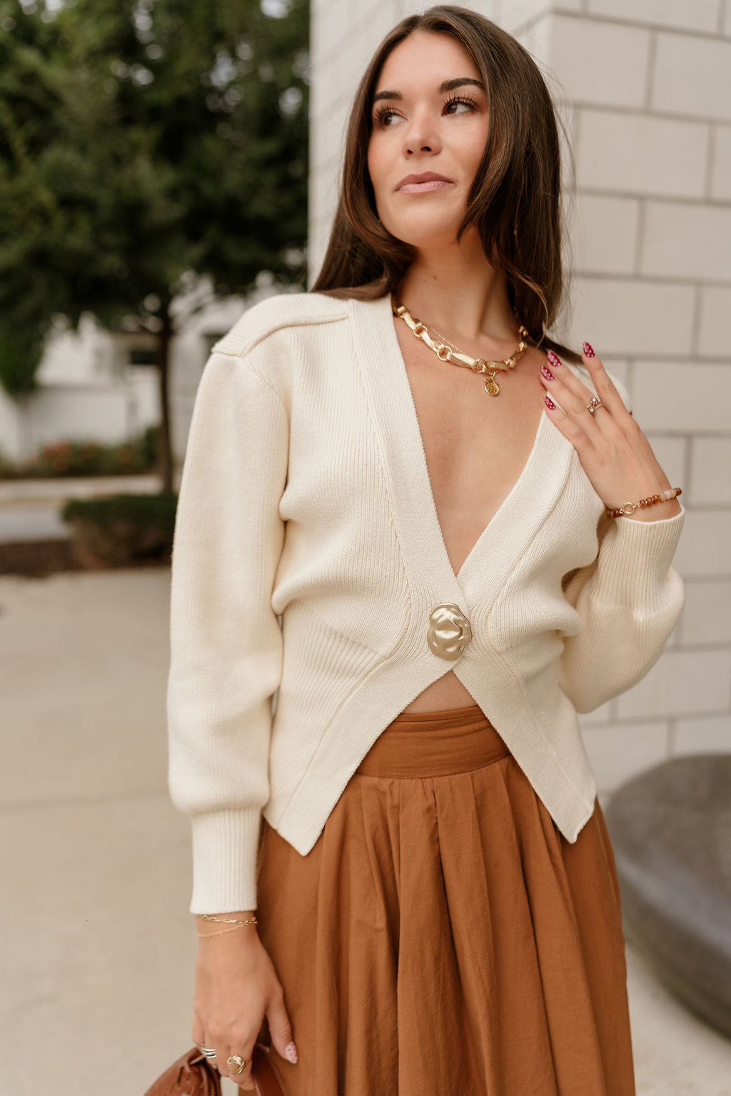Parker Cream One Leaf Button Cardigan - close up front view