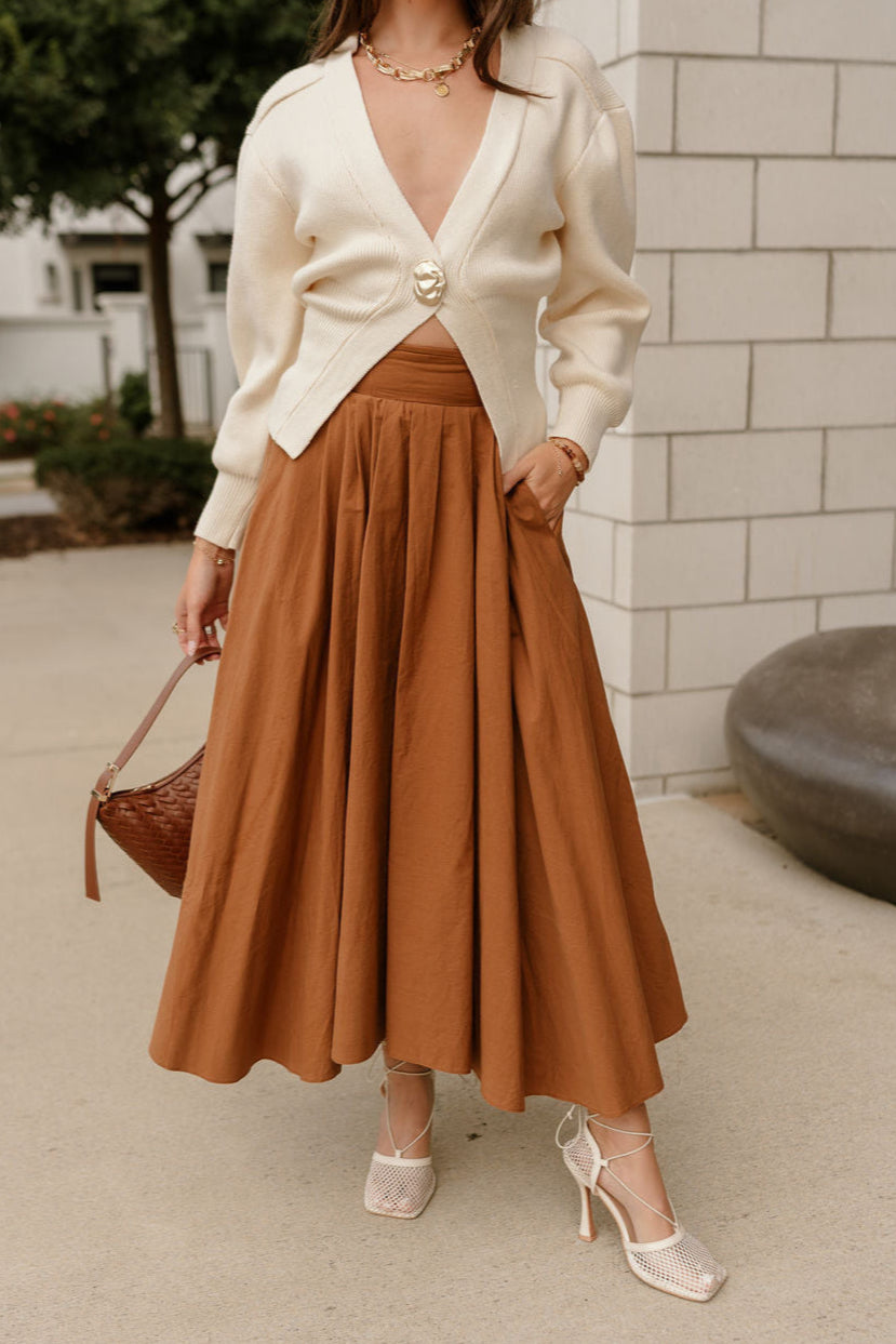 Eden Light Brown Flare Midi Skirt- full front view