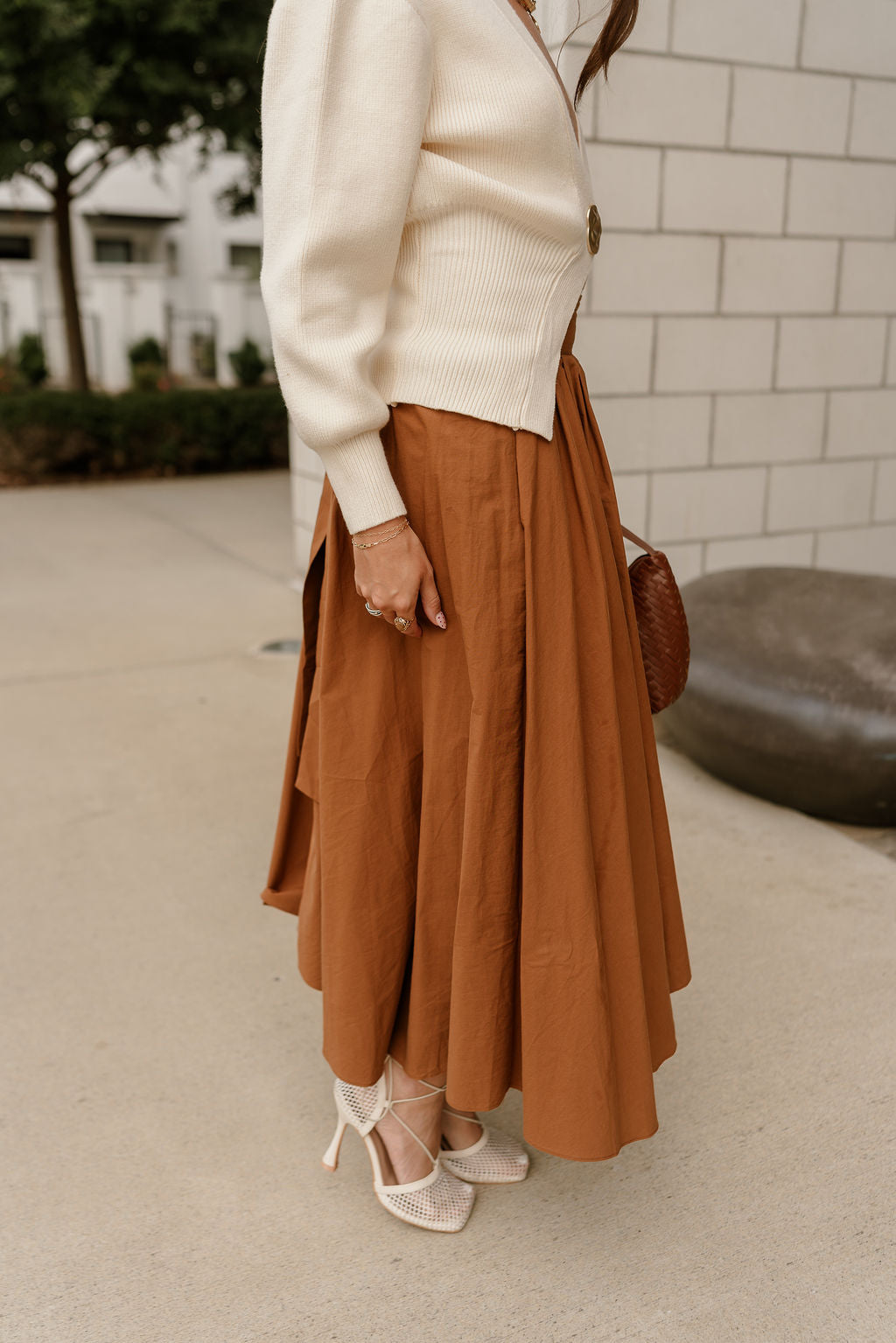Eden Light Brown Flare Midi Skirt- close up frontal side view