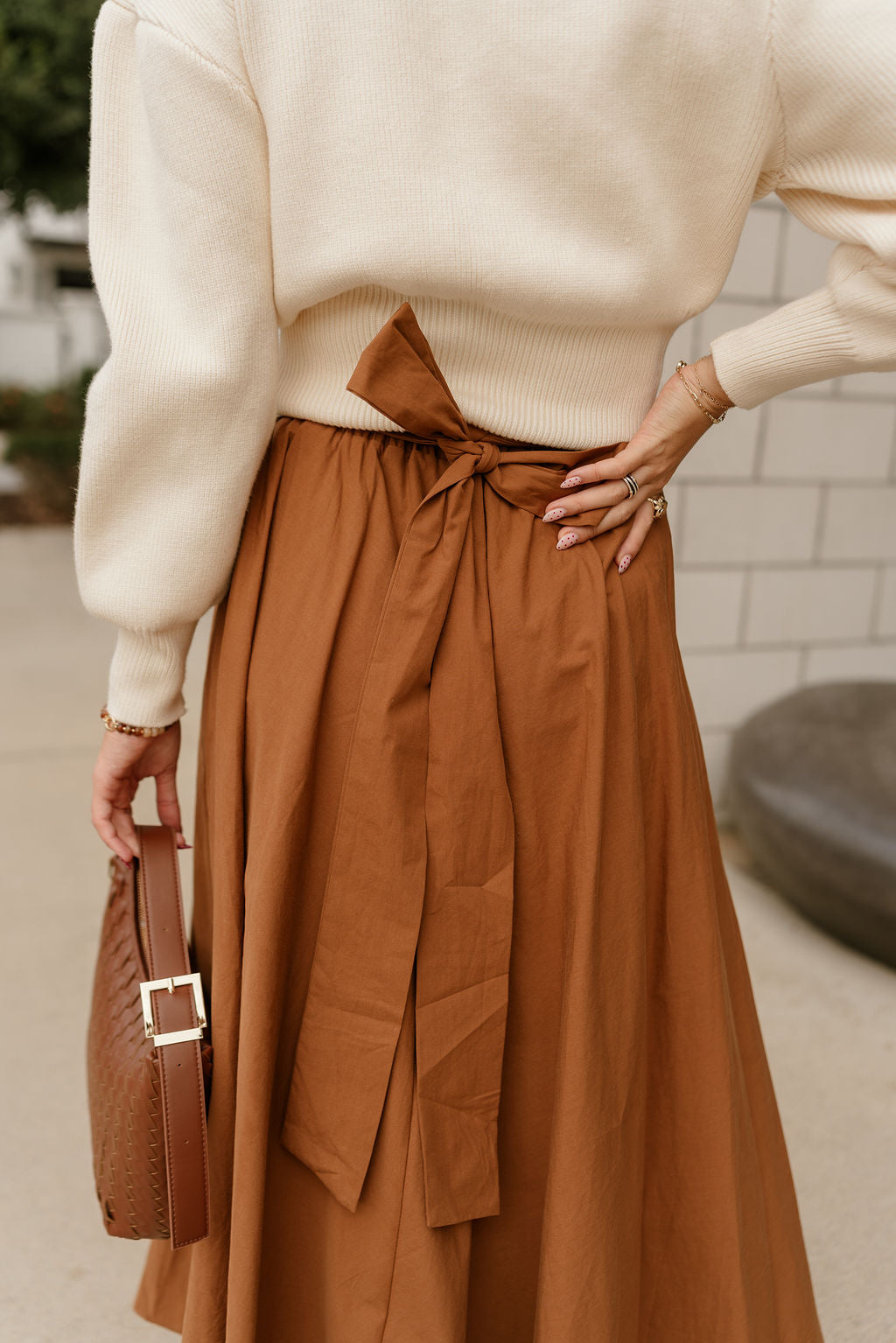 Eden Light Brown Flare Midi Skirt- close up top back view