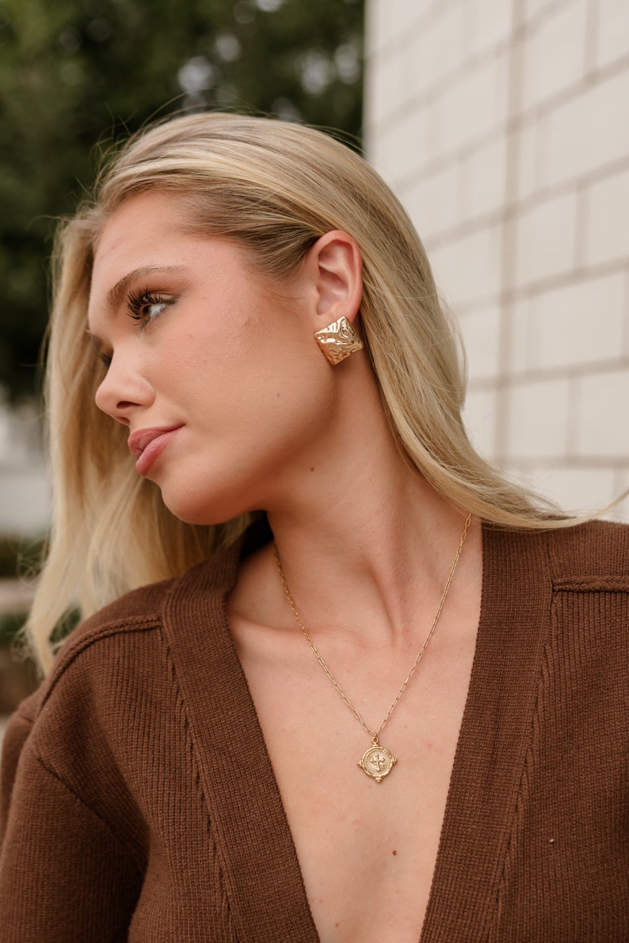 Rachelle Gold Hammered Square Studs - side view