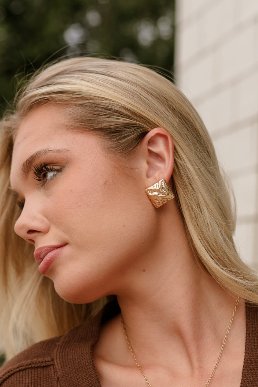 Rachelle Gold Hammered Square Studs - close up