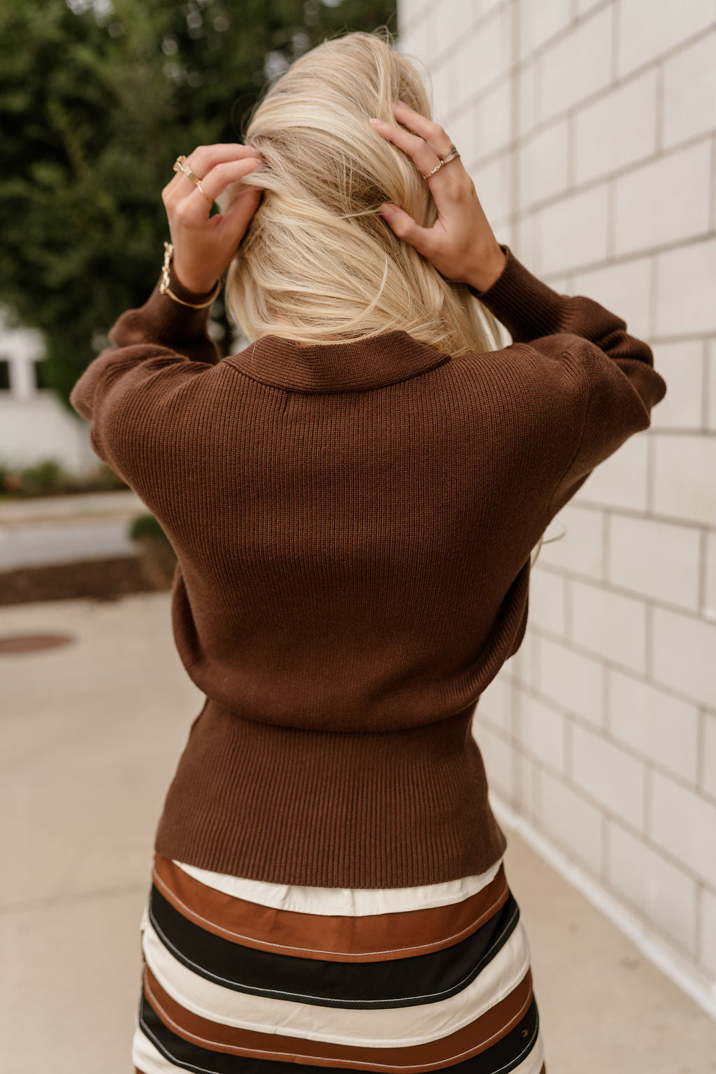 Parker Brown One Leaf Button Cardigan- close up back view