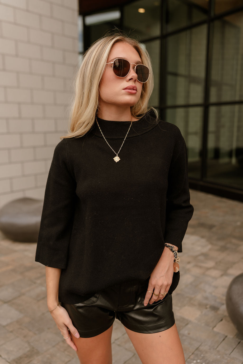 Ember Black Soft Knit Sweater- close up top view