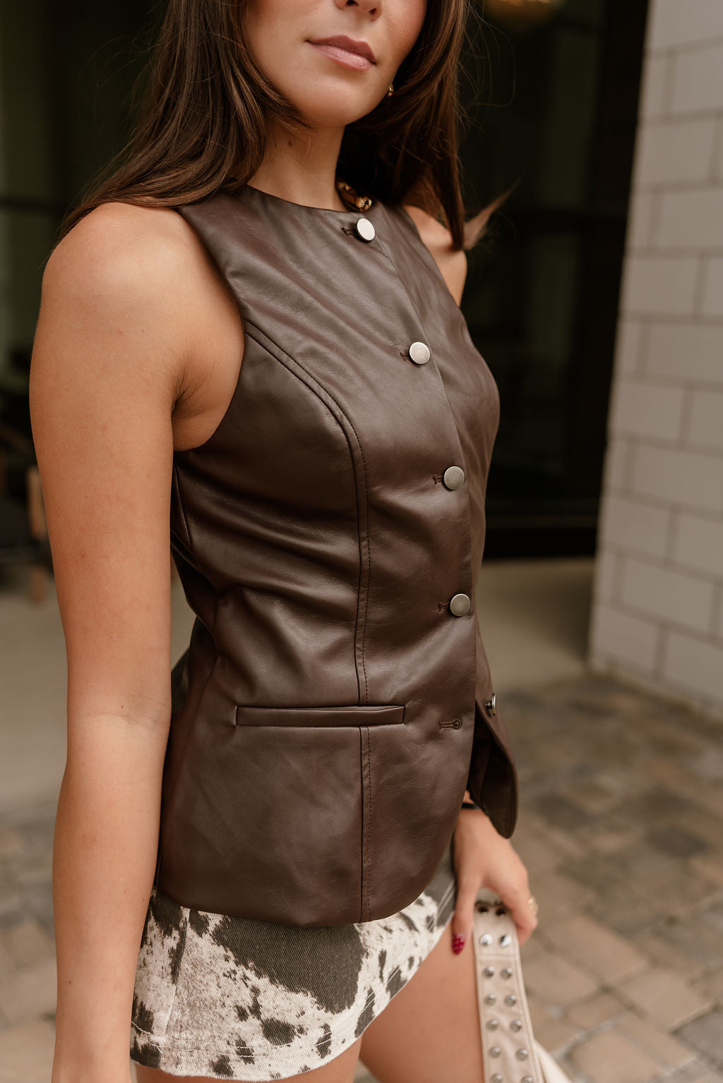 Brianna Dark Brown Faux Leather Vest- frontal side view
