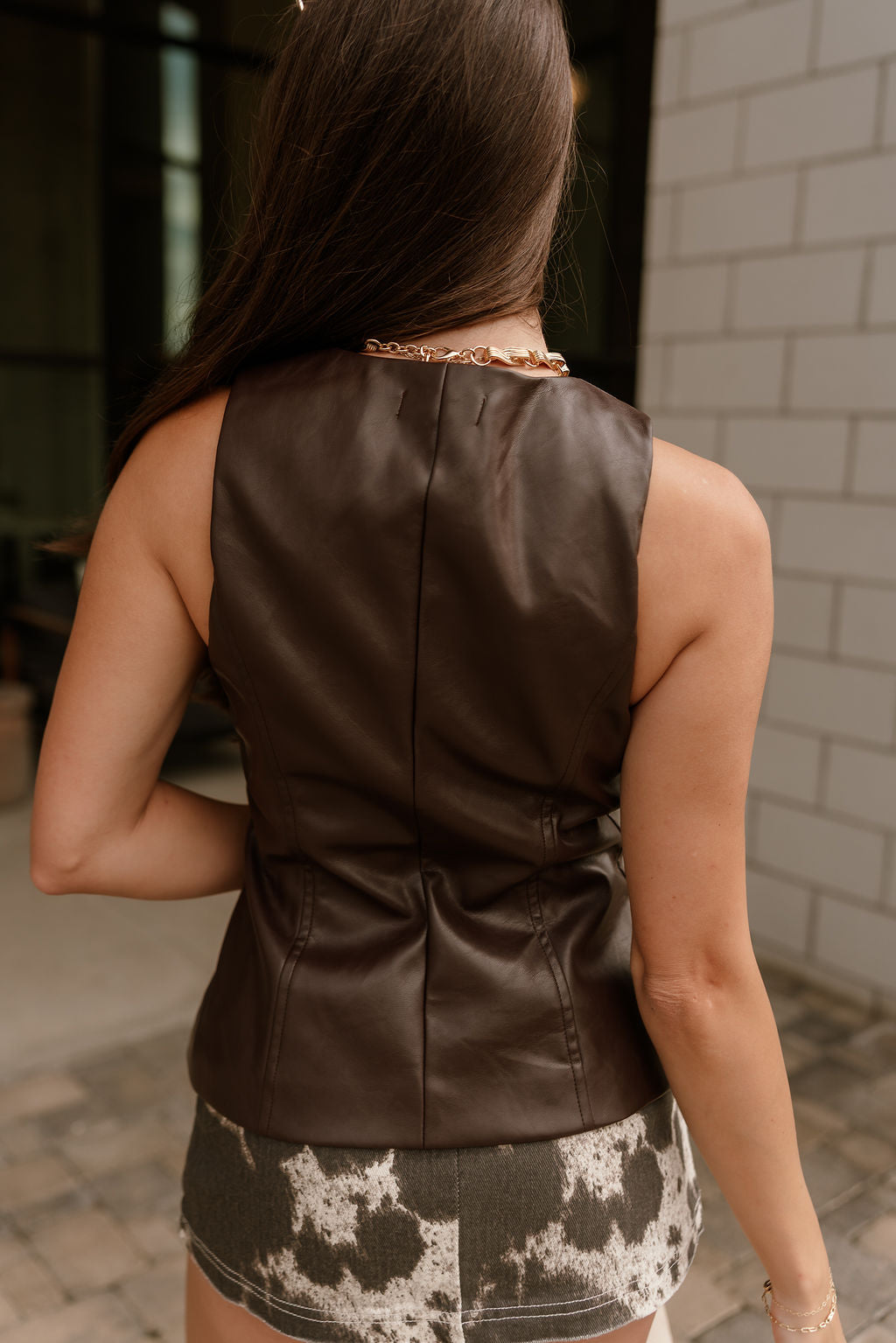 Brianna Dark Brown Faux Leather Vest- close up back view