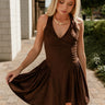 Jasmine Dark Brown Suede Flare Mini Dress- front top view