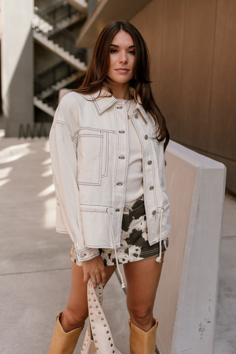 Nyla Cream Denim Drawstring Jacket- front full view