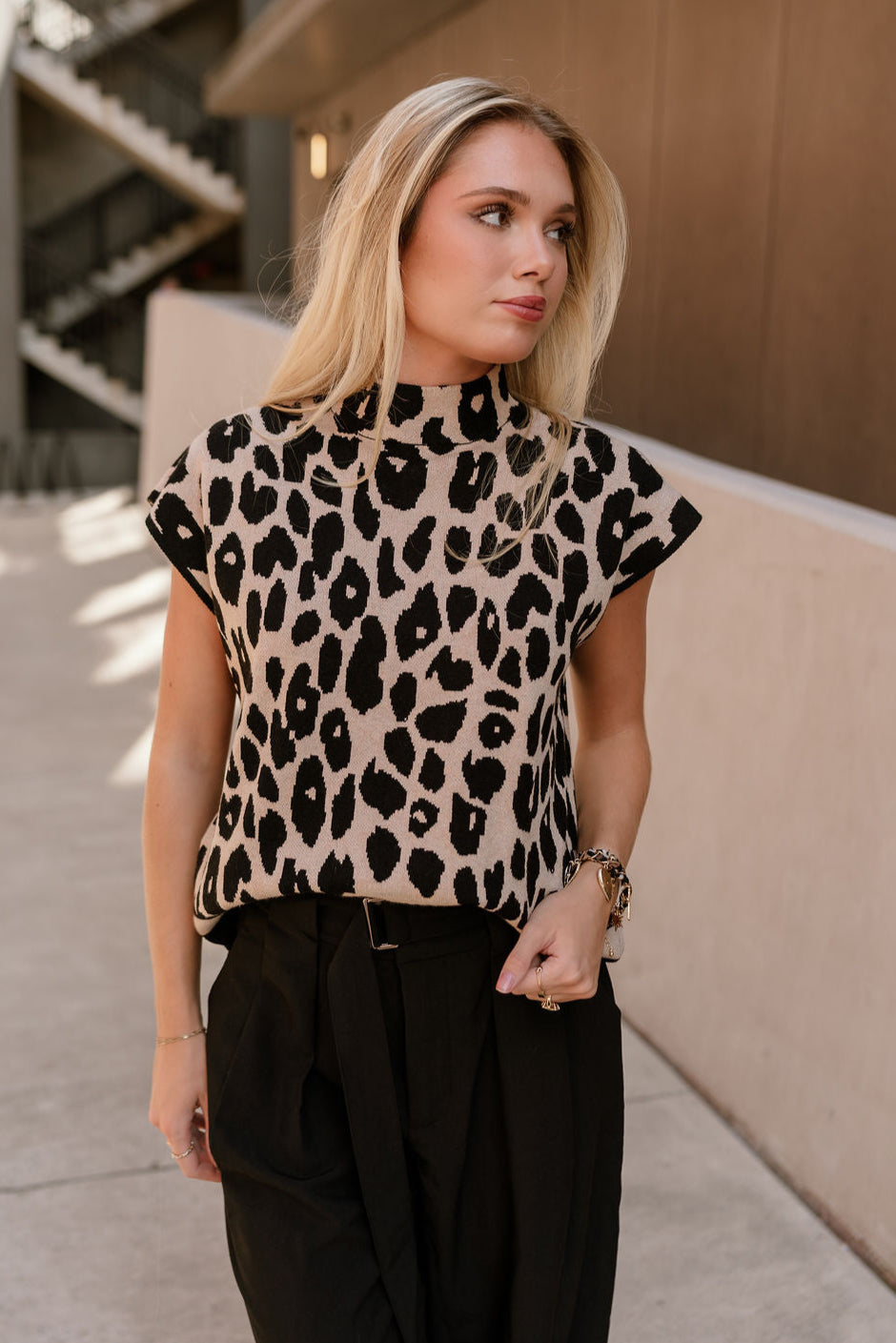Thea Black & Taupe Leopard Knit Sweater- front top view