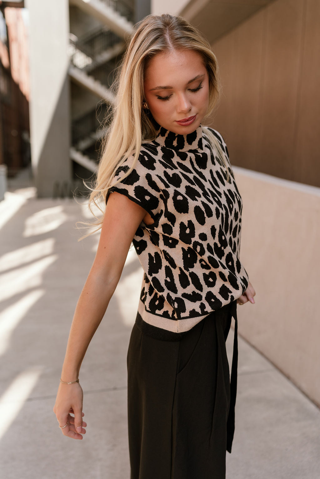 Thea Black & Taupe Leopard Knit Sweater- frontal side view