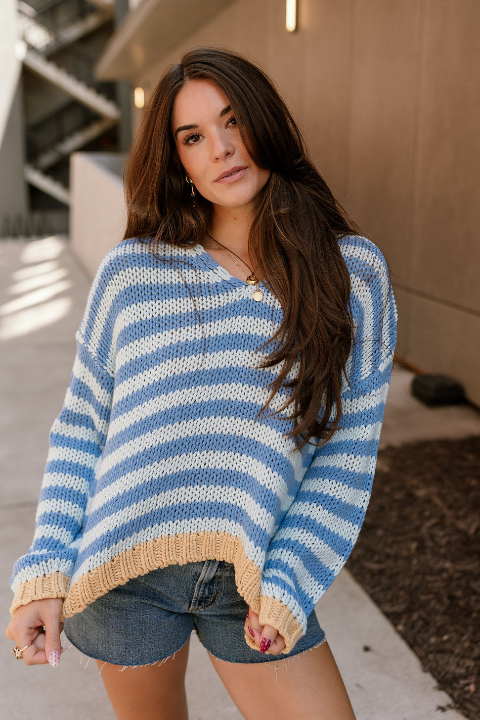 Hayden Blue & Mustard Stripe Sweater- front top view