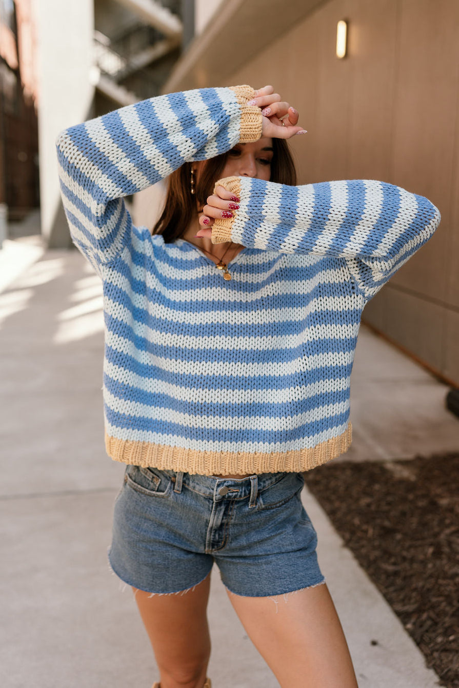 Hayden Blue & Mustard Stripe Sweater- close up top view