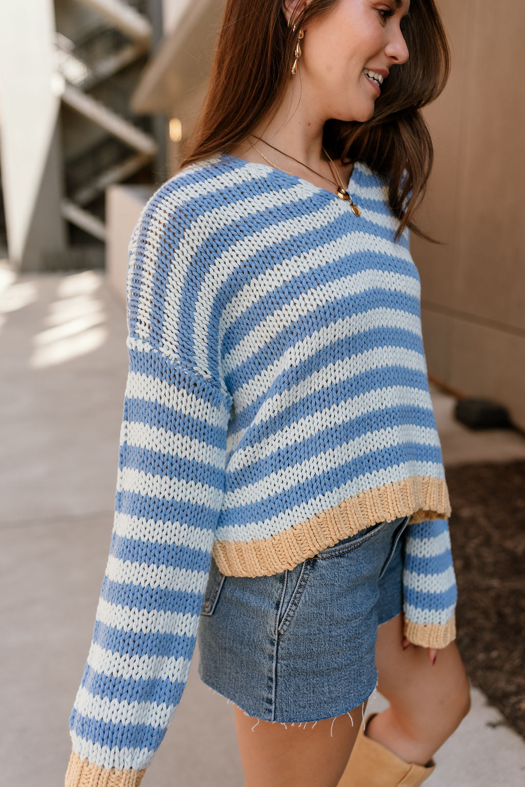 Hayden Blue & Mustard Stripe Sweater- top side view