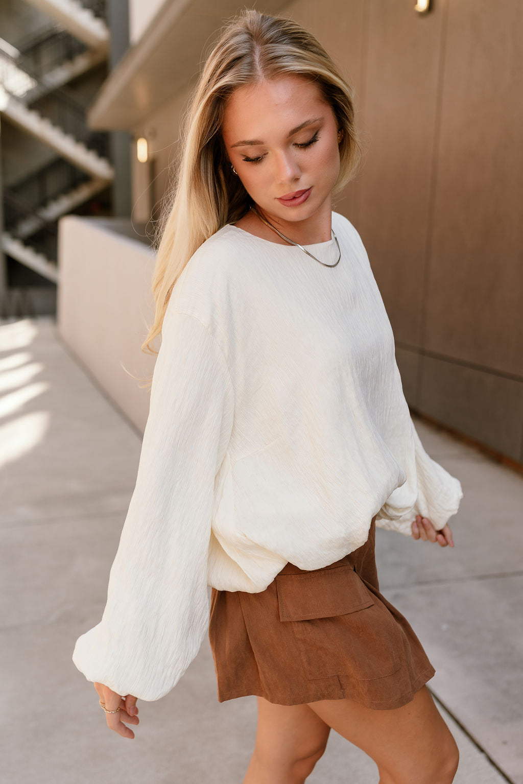 Celine Cream Bubble Long Sleeve Top- close up side view