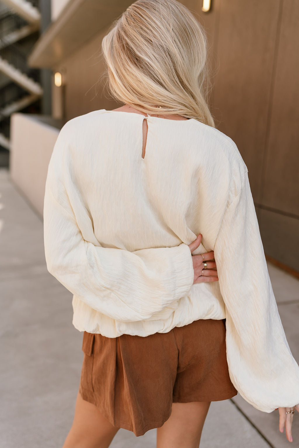 Celine Cream Bubble Long Sleeve Top- close up back view