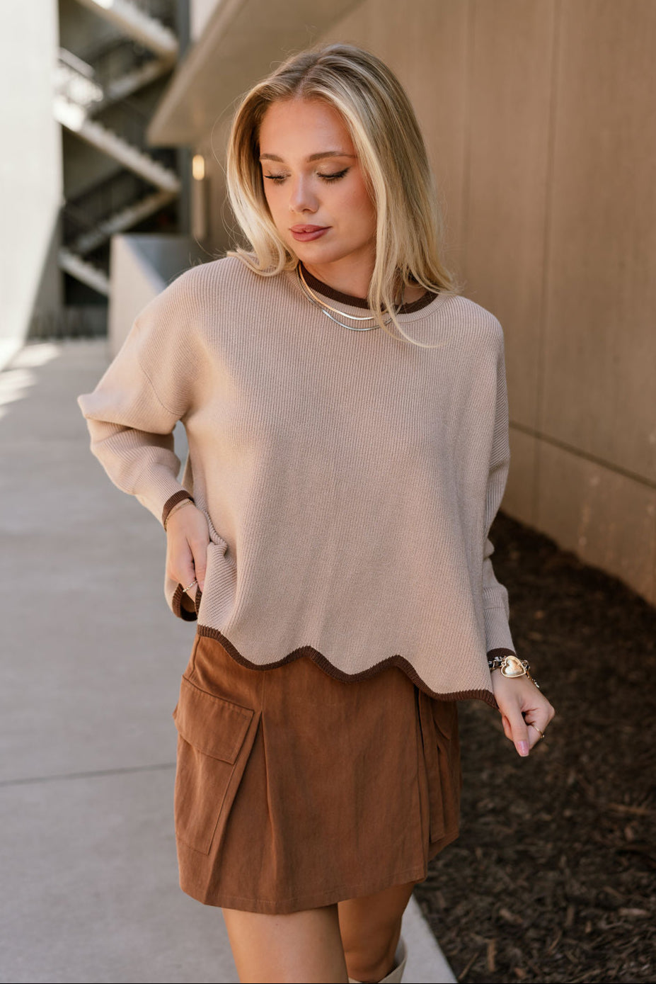 Everlee Mocha & Dark Brown Scallop Sweater- front top view