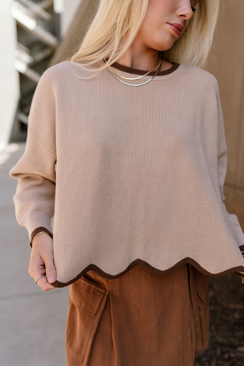 Everlee Mocha & Dark Brown Scallop Sweater- close up view