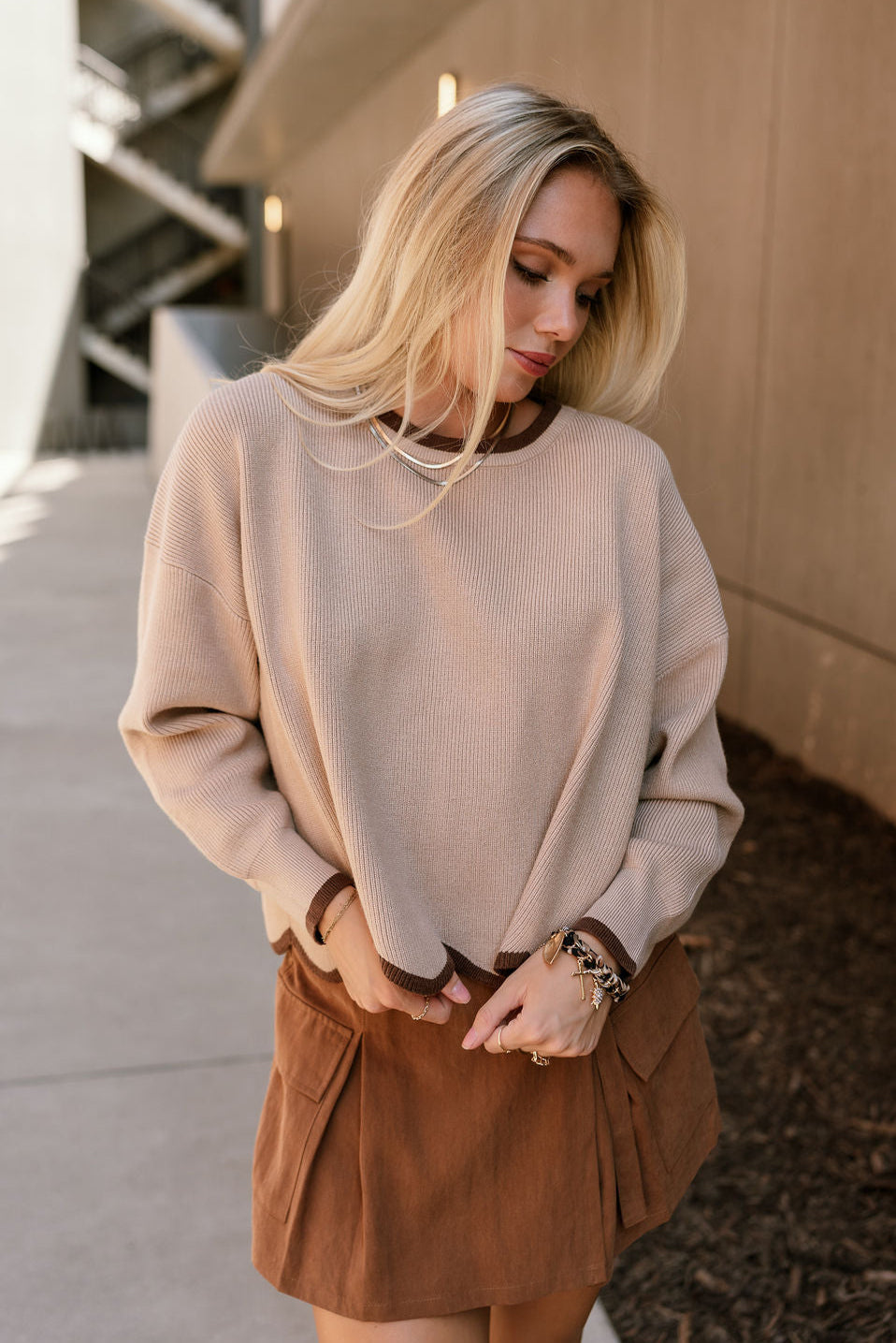 Everlee Mocha & Dark Brown Scallop Sweater- close up top view