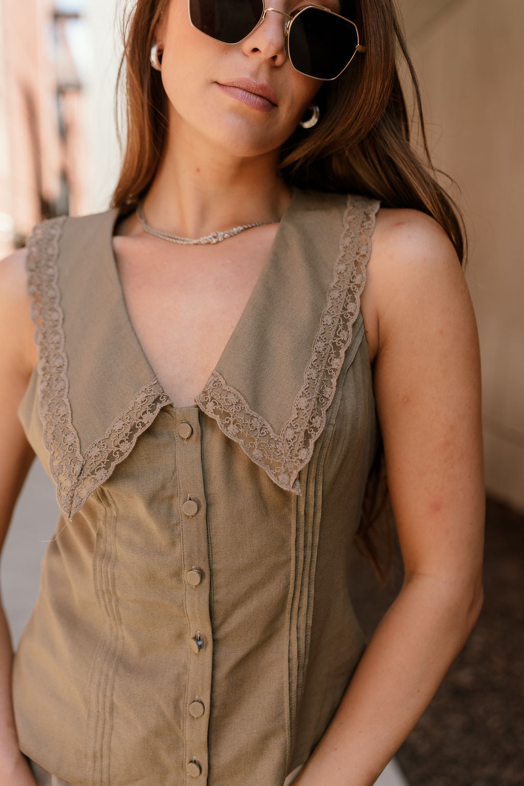 Jade Light Olive Lace Collar Vest- close up view