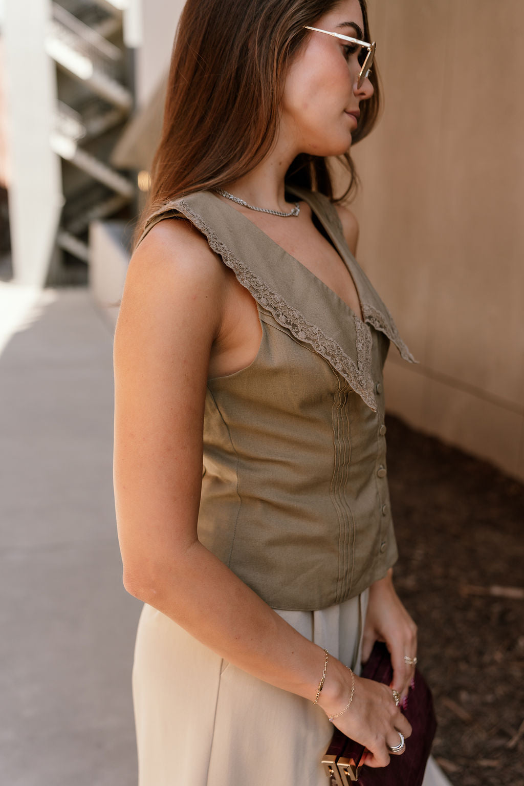 Jade Light Olive Lace Collar Vest- close up side view