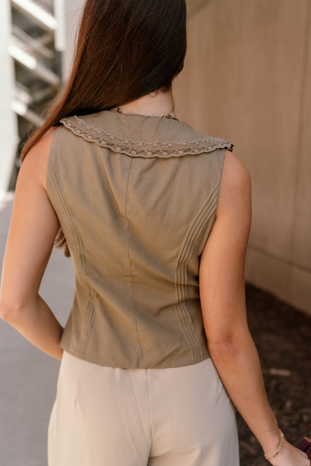 Jade Light Olive Lace Collar Vest- back side view