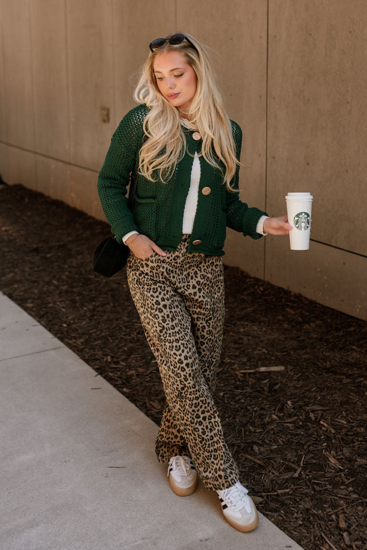 Lydia Forest Green & Gold Buttons Cardigan- full body view