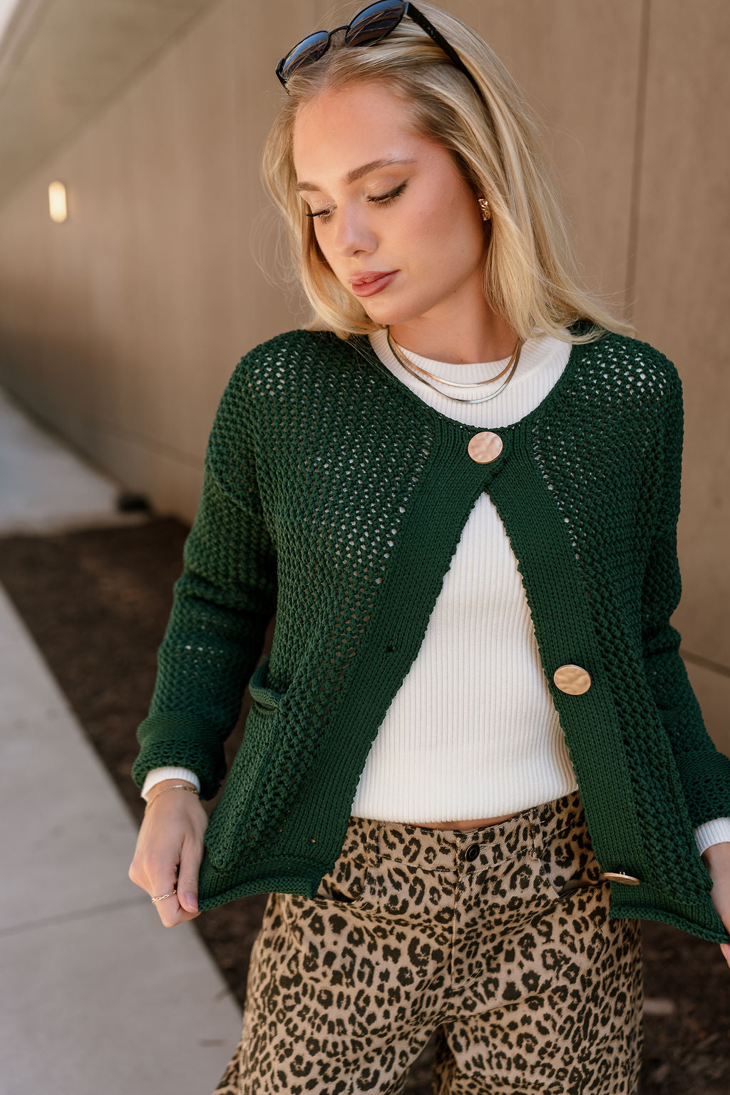 Lydia Forest Green & Gold Buttons Cardigan- close up frontal side view