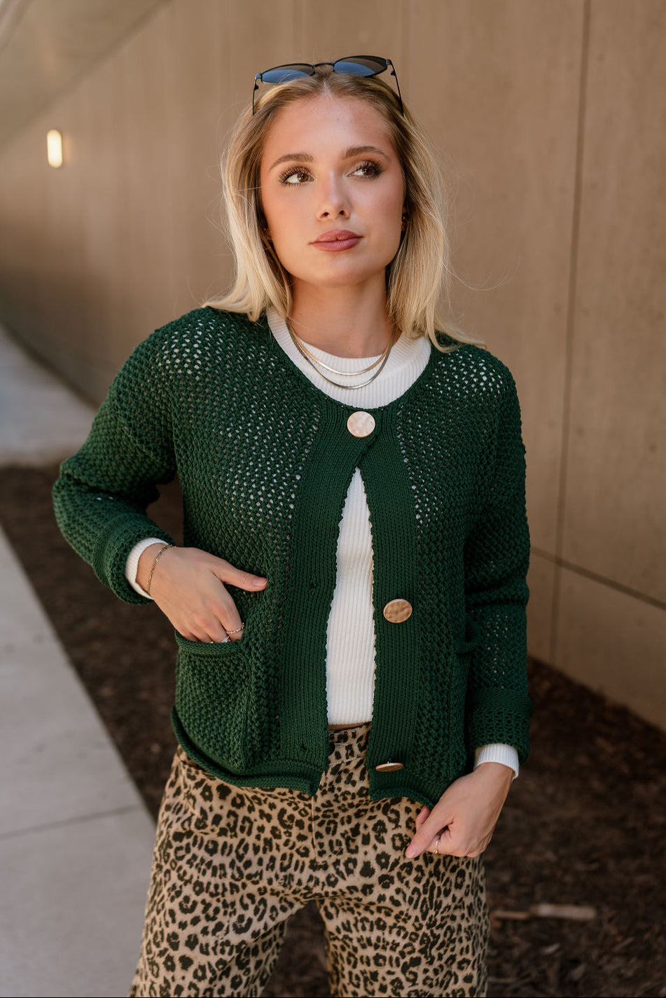 Lydia Forest Green & Gold Buttons Cardigan- top view