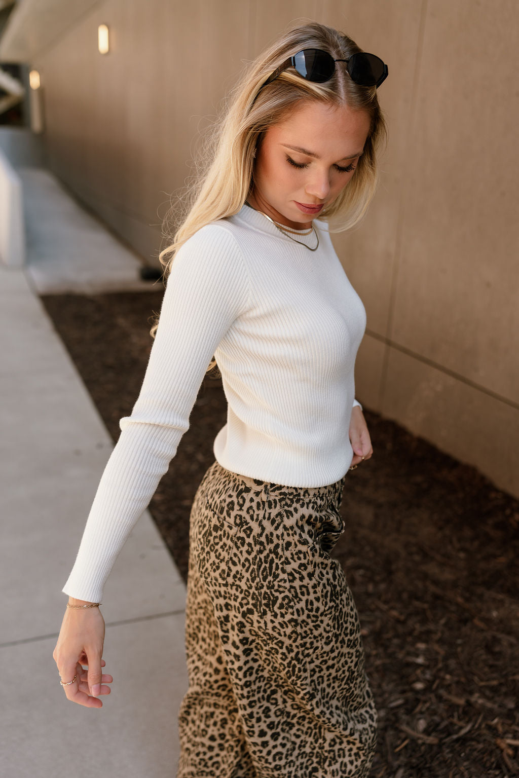 Alina Off White Ribbed Long Sleeve Top- side view