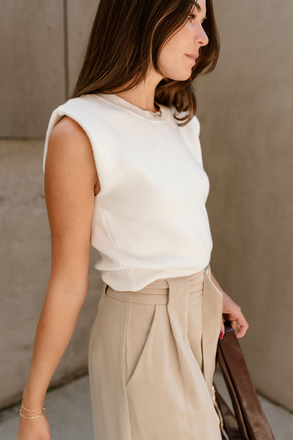 Sienna Cream Knit Sleeveless Tank- close up frontal side view