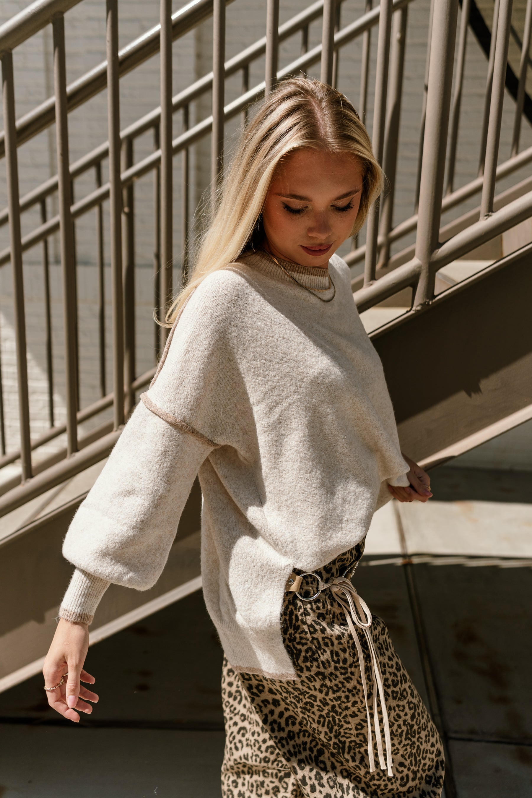 Taryn Oatmeal & Taupe High Neck Sweater - side view