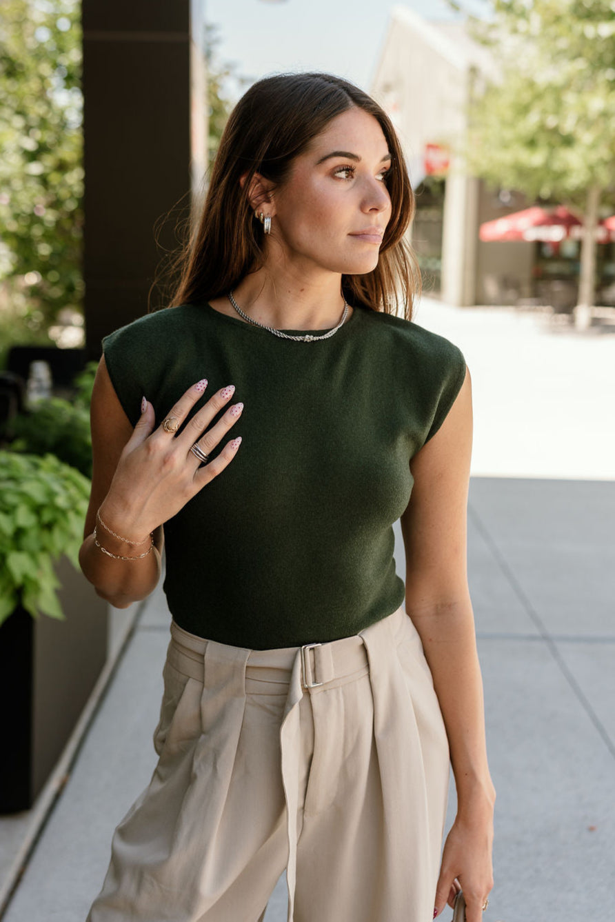 Amara Dark Green Sleeveless Tank- close up front view