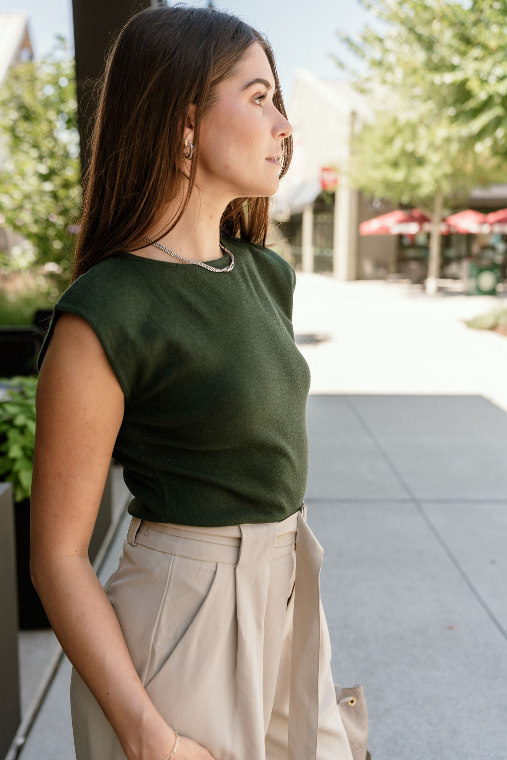 Amara Dark Green Sleeveless Tank- close up frontal side view