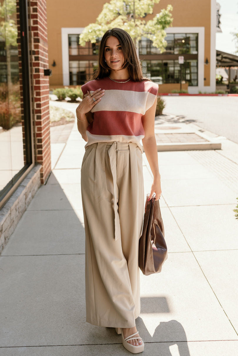 Arianna Dusty Coral & Beige Stripe Top- full body view