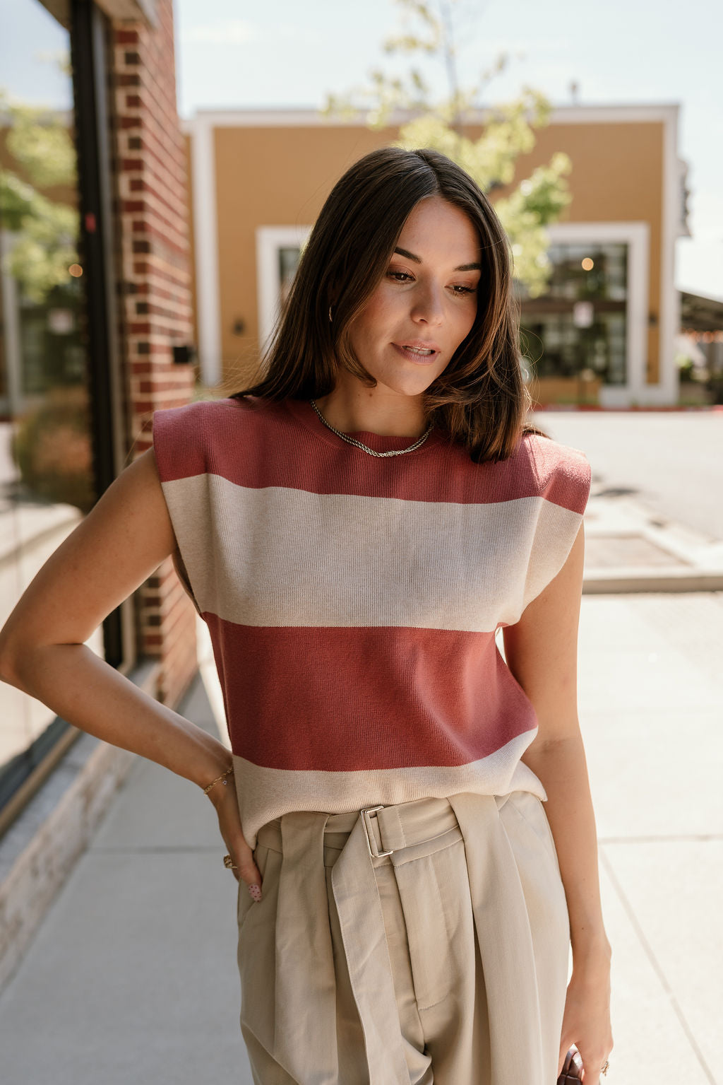 Arianna Dusty Coral & Beige Stripe Top- close up front view