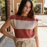 Arianna Dusty Coral & Beige Stripe Top- close up front view