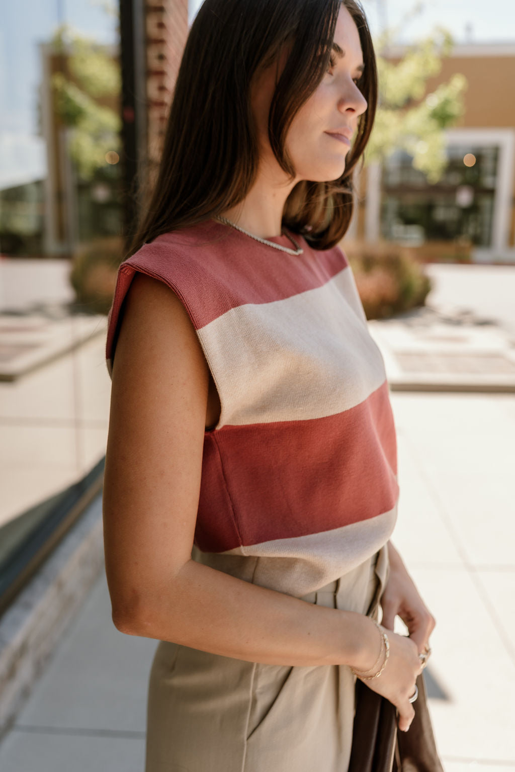 Arianna Dusty Coral & Beige Stripe Top- close up side view